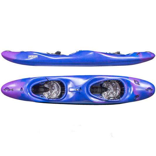 The Jackson Kayak Dynamic Duo Tandem is a blue and purple whitewater kayak with two seats, footrests, and visible branding, shown from both top and side views—perfect for beginners.