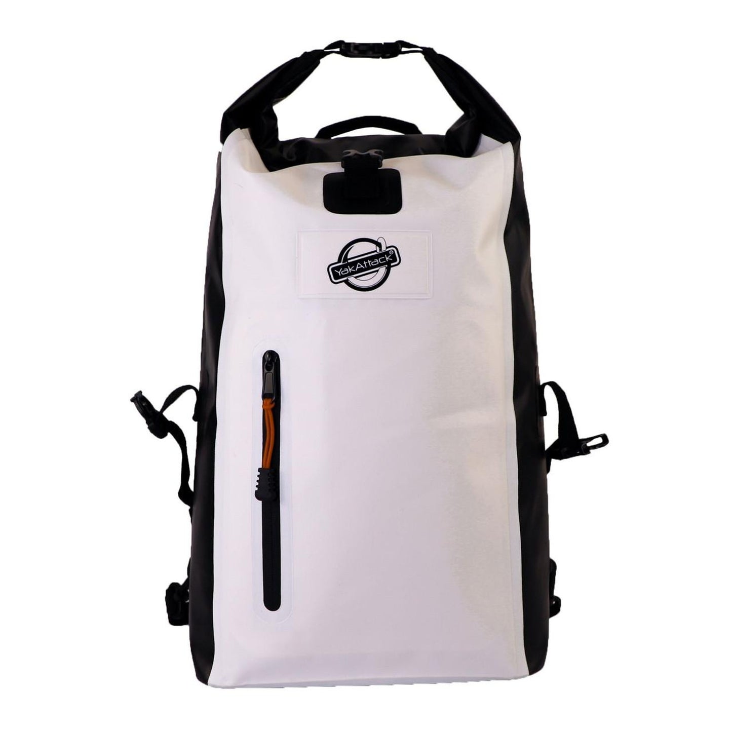 The YakAttack 20L Roll-Top Drybag Backpack features a white and black waterproof design, front zipper pocket, side straps, roll-top closure, and a visible logo patch—ideal for outdoor activities.