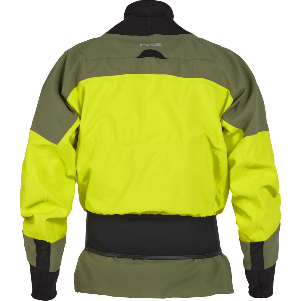 Back view of the NRS REV (GORE-TEX Pro) Drytop in high-visibility yellow and olive green with black trim and a logo at the top, designed as a waterproof jacket for optimal paddling performance.