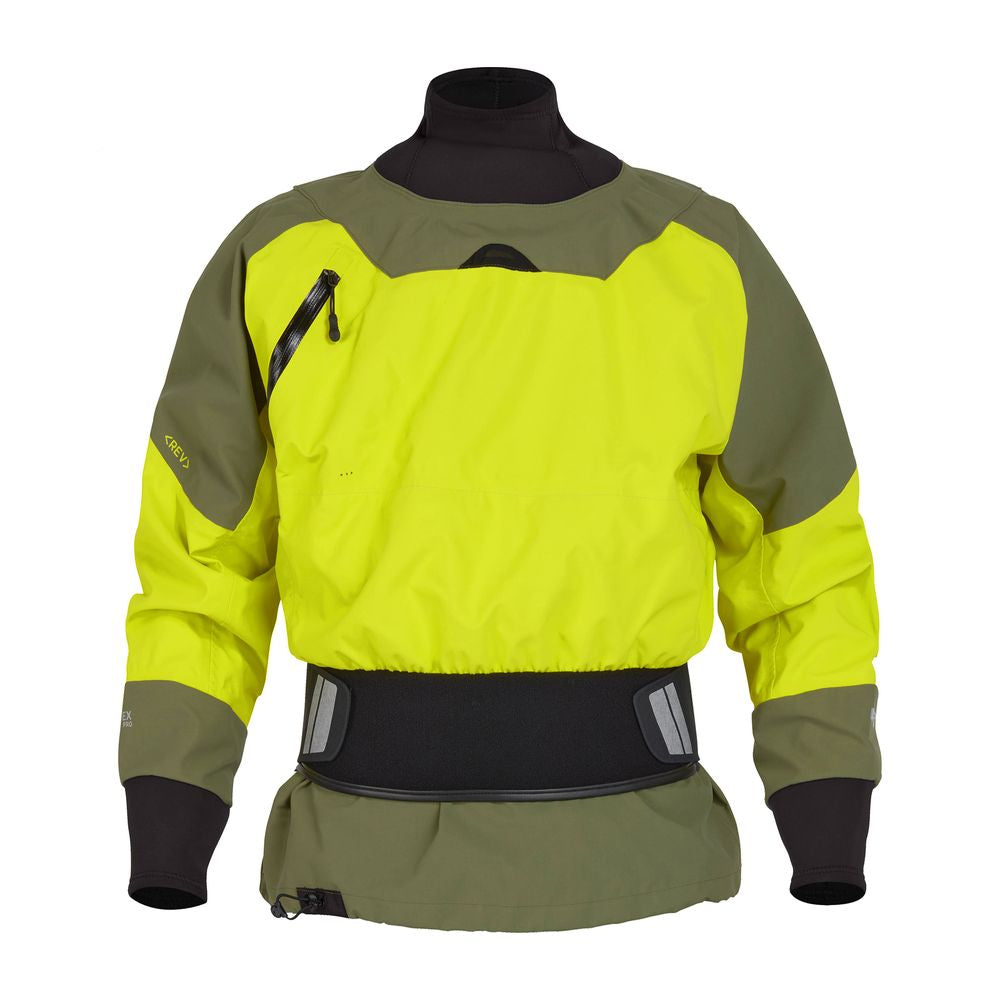 The NRS REV (GORE-TEX Pro) Drytop is a high-visibility yellow and gray waterproof top featuring a front zipper pocket, black neoprene waist and neck seals, designed for superior paddling performance.