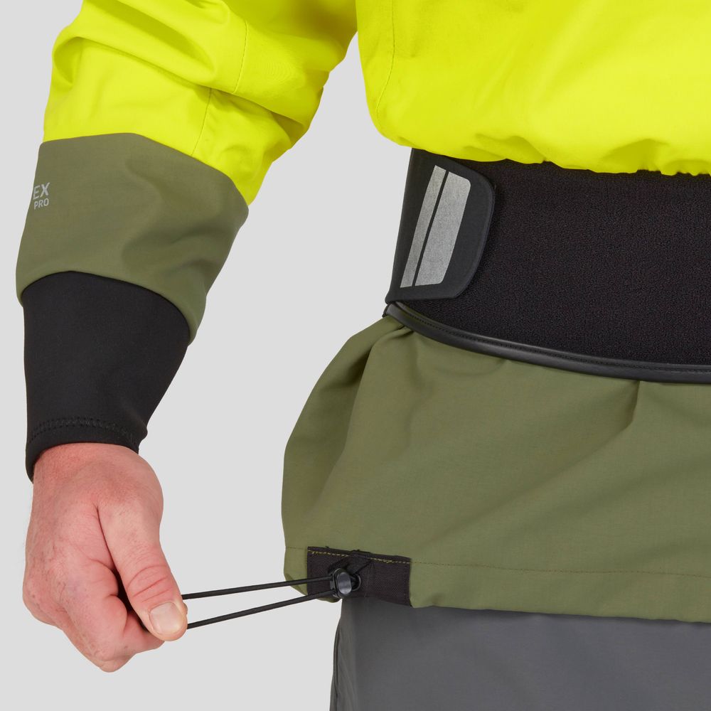 A person adjusts the drawstring at the hem of an NRS REV (GORE-TEX Pro) Drytop in green and yellow, wearing a black wristband.