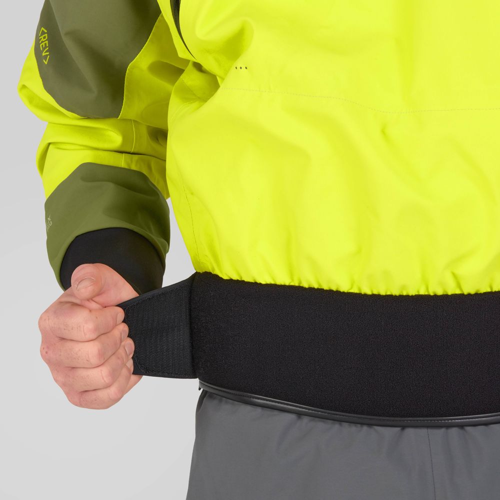 Adjusting the black waistband on the NRS REV (GORE-TEX Pro) Drytop, featuring bright yellow and olive green, boosts both style and paddling performance.