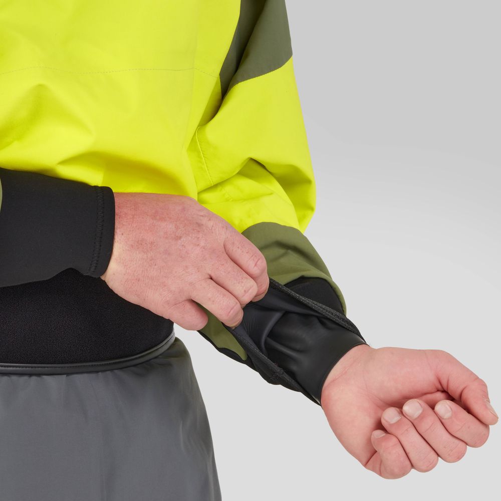 Adjusting the cuff of the NRS REV Drytop, designed with GORE-TEX Pro, ensures top-tier waterproof protection and exceptional paddling performance for those venturing into wet environments.