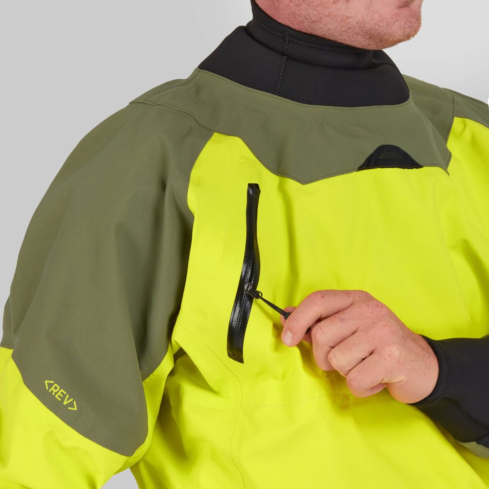 An individual wearing an NRS REV (GORE-TEX Pro) Drytop in high-visibility yellow and olive green zips a chest pocket for enhanced paddling performance.