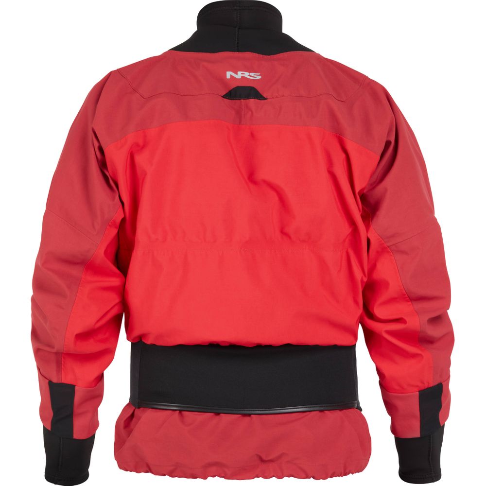 The NRS REV (GORE-TEX Pro) Drytop, designed for paddling performance, is seen from the back with adjustable cuffs and waistband for a snug fit in red and black.
