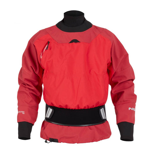 The NRS REV Drytop features a red GORE-TEX Pro design with black neoprene cuffs and waistband, ideal for paddling. It includes a front pocket and logo on the left shoulder, ensuring a reliable waterproof performance for any aquatic adventure.