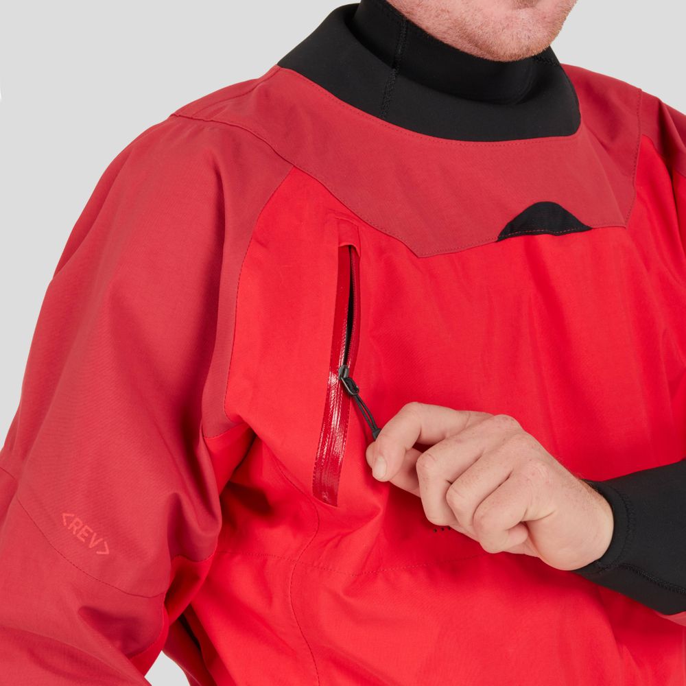 A person expertly uses the front chest pocket zipper on a red NRS REV (GORE-TEX Pro) Drytop with a black collar, highlighting its paddling performance.