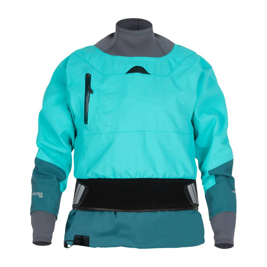 The NRS REV (GORE-TEX Pro) Drytop for women in turquoise and gray offers breathable waterproof performance with a chest pocket and adjustable waistband, perfect for paddling enthusiasts. Shown on a white background.