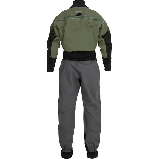 The NRS Phenom GORE-TEX Pro Dry Suit - Men's is pictured from the back in green and gray, featuring black cuffs, reinforced seams, and a rear zipper—perfect for advanced paddling.