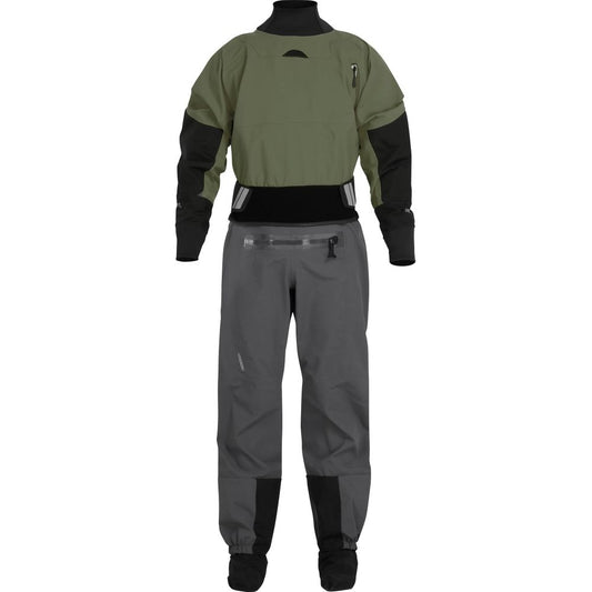 A men's NRS Phenom GORE-TEX Pro Dry Suit (2025) in green and gray with black cuffs and reinforced knees is shown against a plain white background.