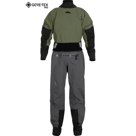 The NRS Phenom GORE-TEX Pro Dry Suit - Men's in olive and gray with black cuffs and socks is shown on a white background, labeled “PFAS-free GORE-TEX PRO” waterproof-breathable dry suit in the corner.