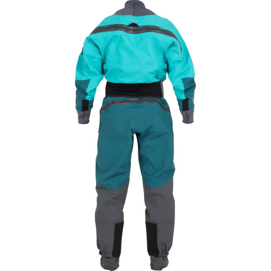 A person is seen from behind wearing the NRS Phenom GORE-TEX Pro Dry Suit - Women's (2025) in teal and gray, standing against a plain white background.
