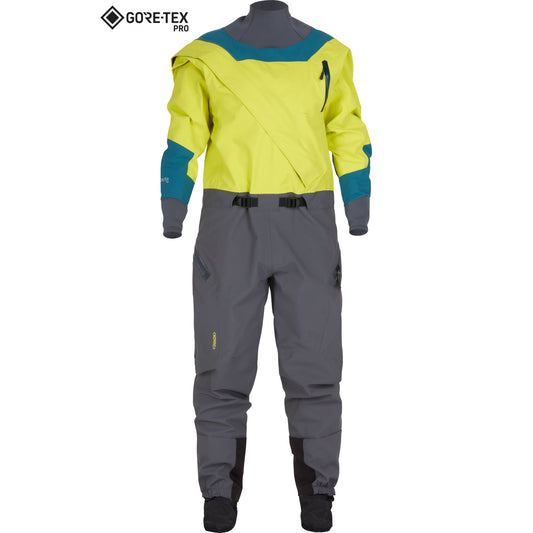 The NRS Nomad GORE-TEX Pro Semi-Dry Suit - Women's in yellow and grey with blue accents features a diagonal zippered front and reinforced knee sections, crafted from recycled nylon fabric for waterproof breathable performance.