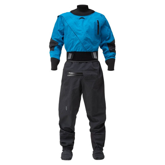 The NRS Axiom (GORE-TEX Pro) Drysuit - Men's is a blue and black, PFAS-free dry suit with a front zipper, chest pocket, and attached booties, shown on a white background.