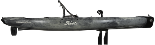 A Mirage Compass 12 Pedal Drive Kayak equipped with a fishing rod by Hobie.