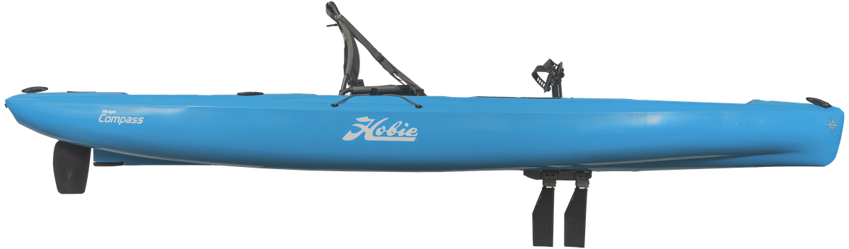 A blue Hobie Mirage Compass 12 Pedal Drive Kayak with a rope attached to it.
