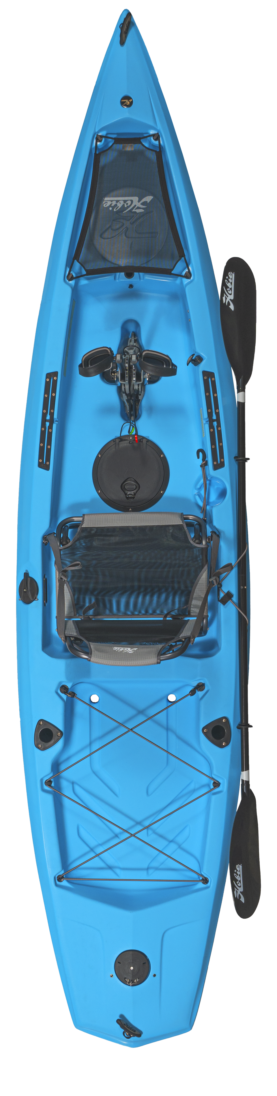 A blue Mirage Compass 12 kayak with a paddle and MD180 Kickup Pedal Drive by Hobie.