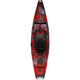 The rear view of a red Hobie Pro Angler 360 XR - 14ft kayak equipped with Turbo Kick-Up Fins.