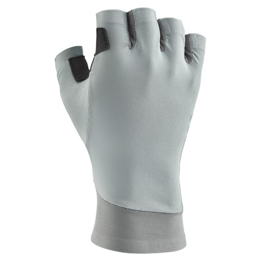 A light gray NRS Men's Boater's Glove made with Amara synthetic leather, featuring black thumb and index finger grips, is shown on a hand with the palm facing away.