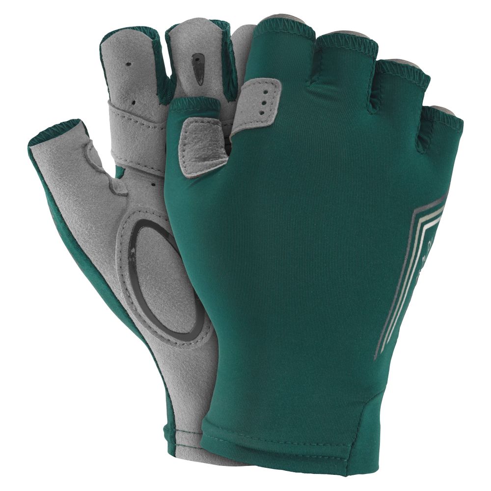 The NRS Boater's Gloves - Women's are green fingerless gloves with gray palms, ideal for boating. A geometric pattern stylishly enhances sun protection while preserving finger dexterity.