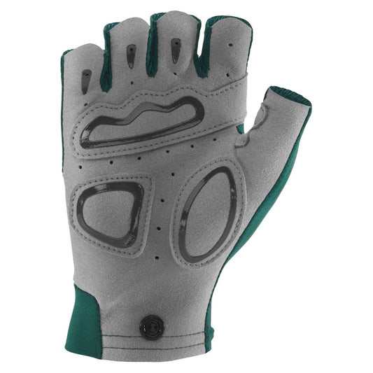 The NRS Boater's Gloves - Women's are gray and green, featuring perforated palms with black rubber padding for enhanced dexterity and sun protection.