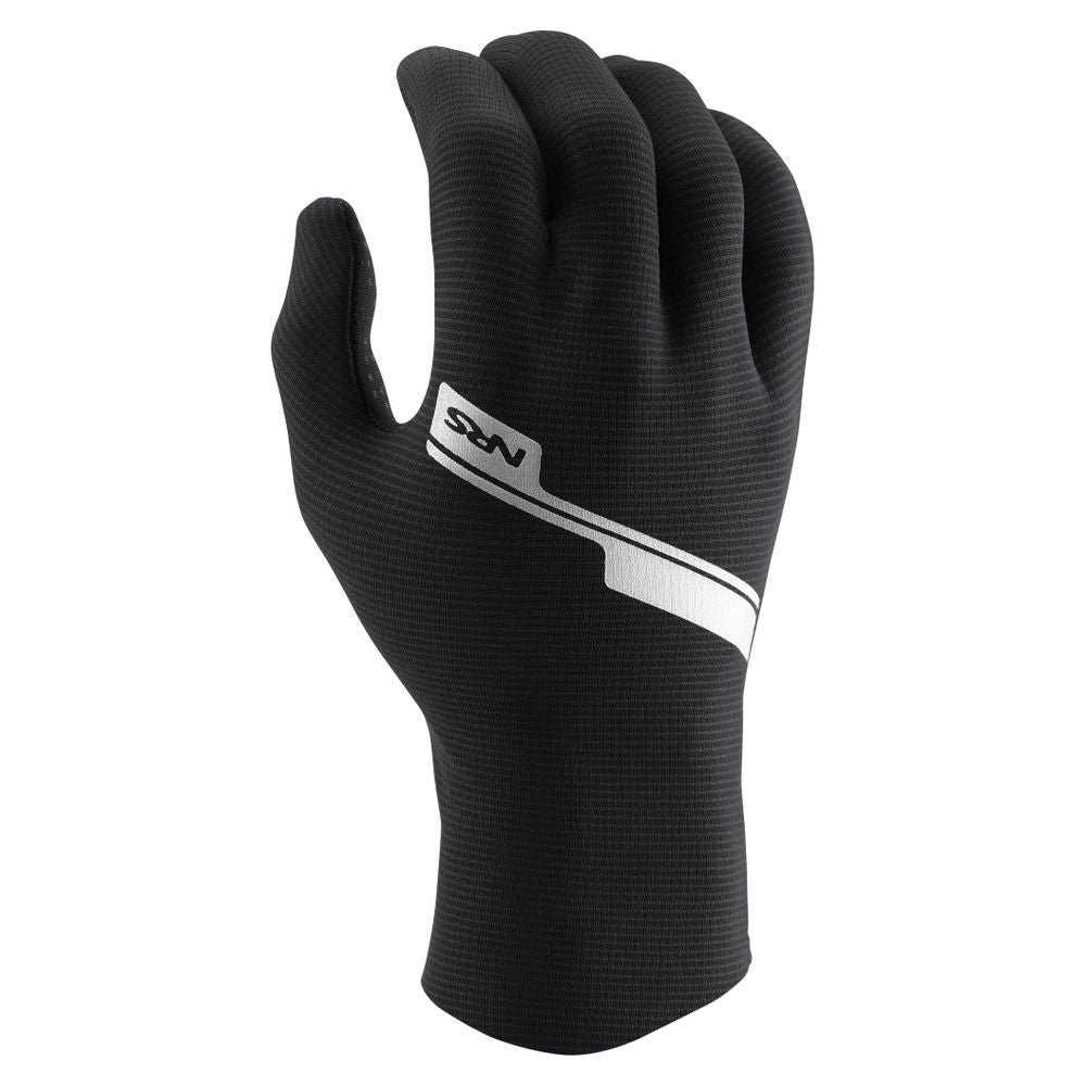 The NRS Hydroskin 0.5mm Gloves for men are black with a white diagonal stripe and logo in an upright position. Featuring a neoprene core, they provide durability and flexibility for any adventure.