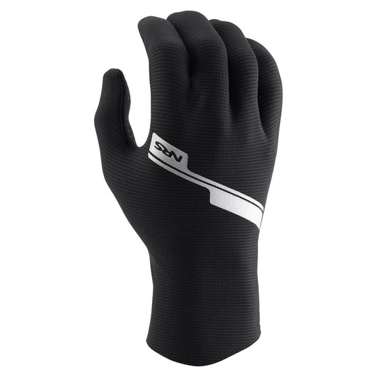 The NRS Hydroskin 0.5mm Gloves for men are black with a white diagonal stripe and logo in an upright position. Featuring a neoprene core, they provide durability and flexibility for any adventure.