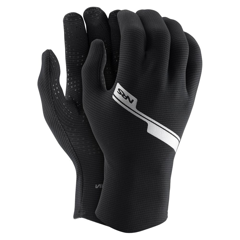The NRS Hydroskin 0.5mm Gloves for Men are equipped with a neoprene core and ThermalPlush lining. They come in sleek black, offering a textured grip and a stylish white diagonal stripe on top for added flair.