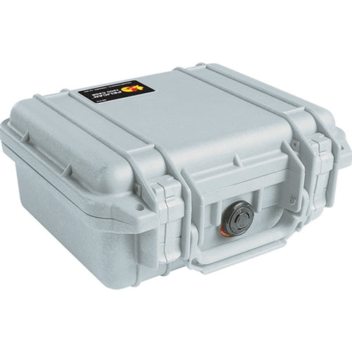 The Pelican 1200 Case is a closed, gray hard-shell case with reinforced edges, heavy-duty latches, and a black top label, providing reliable gear protection.