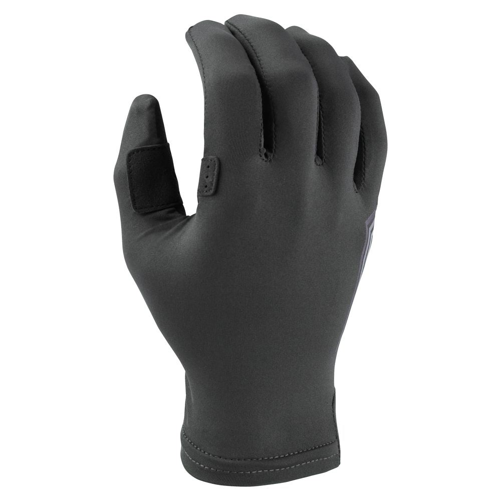 The NRS Cove Gloves feature a black design with reinforced fingertips and a textured synthetic leather palm for improved grip, with fingers slightly curled. Made from moisture-wicking material, they keep your hands dry during use.
