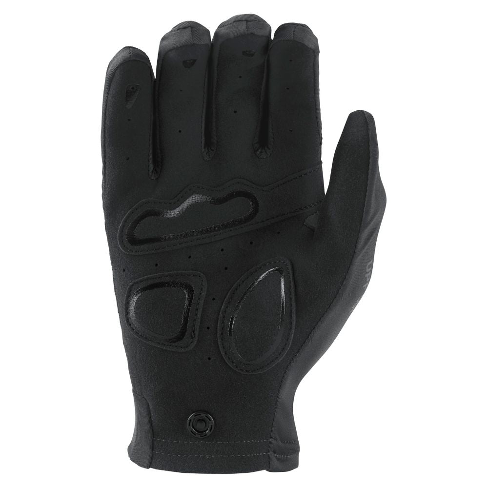 The NRS Cove Gloves are black fingerless gloves with protective padding and ventilation perforations, featuring a durable synthetic leather palm, displayed palm side up.
