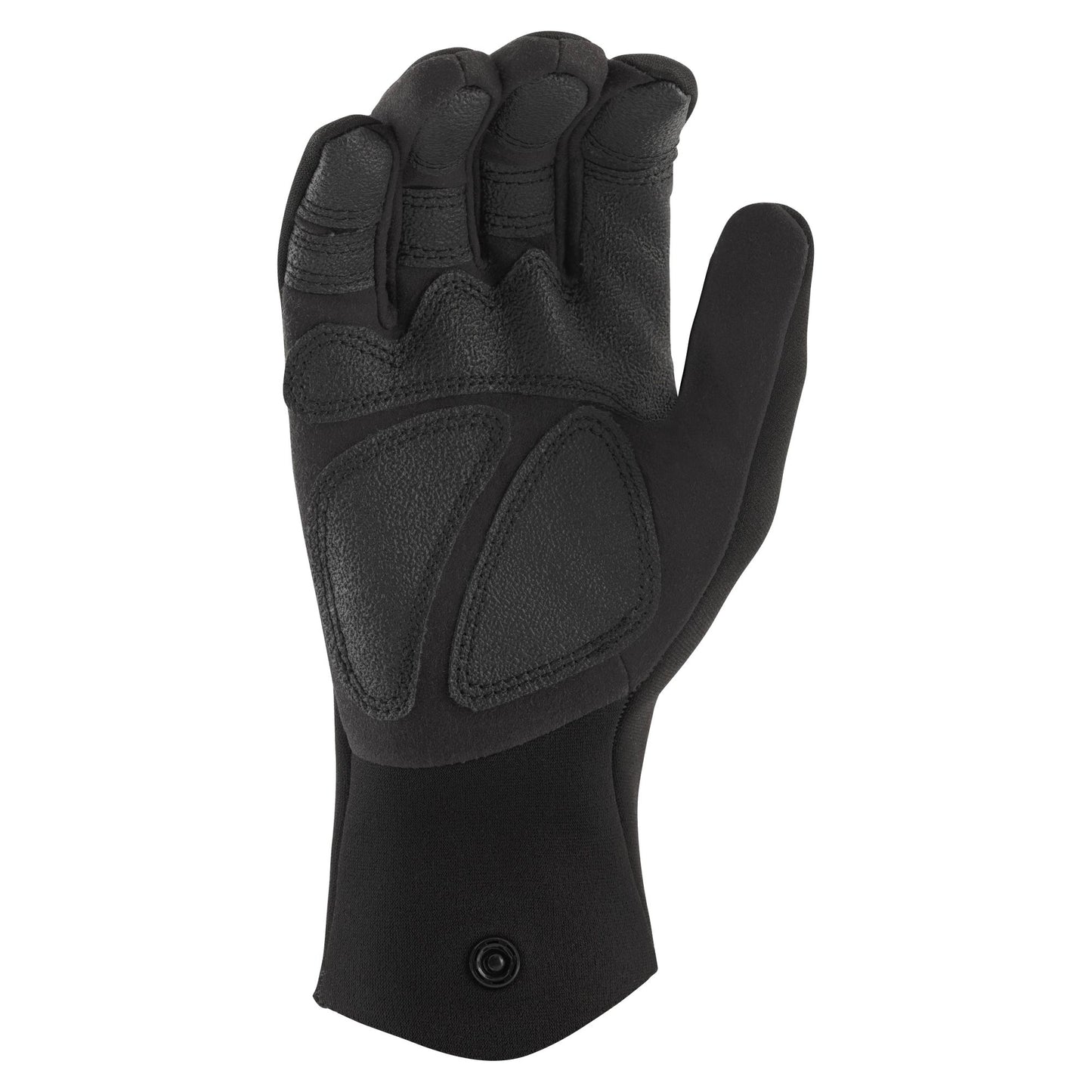 The NRS Utility 2mm Gloves, shown in black with reinforced knuckle and palm padding, feature a palm-forward view and slightly curled fingers—perfect for paddling in rugged conditions.