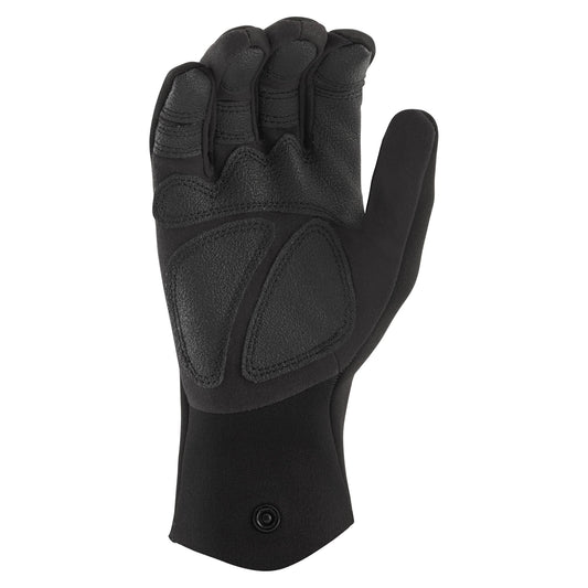 The NRS Utility 2mm Gloves, shown in black with reinforced knuckle and palm padding, feature a palm-forward view and slightly curled fingers—perfect for paddling in rugged conditions.