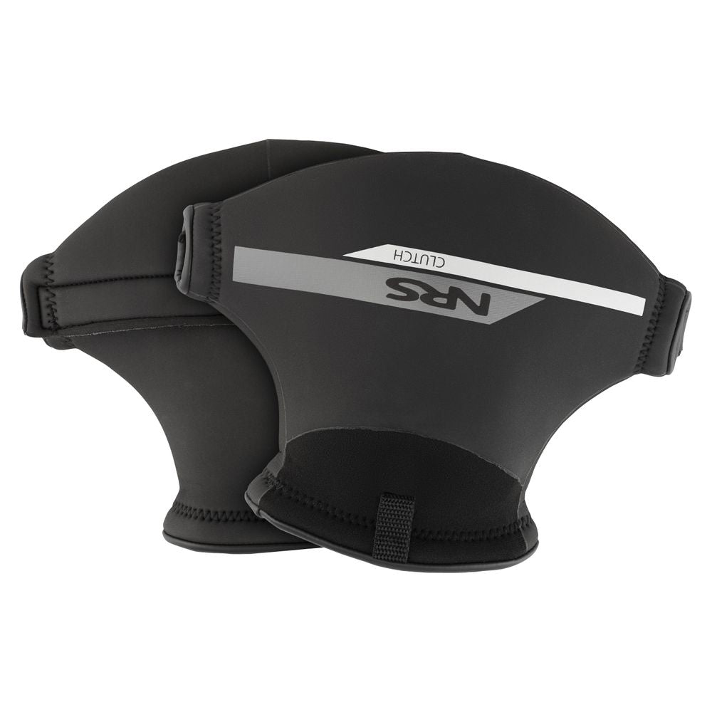 The Clutch Pogies by NRS are black neoprene paddle mitts with a gray stripe and adjustable straps, providing excellent thermal protection. They enhance grip and paddle control for secure adventures.