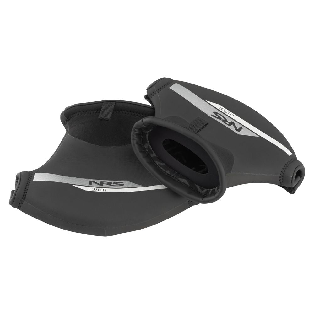 The NRS Clutch Pogies are black neoprene hand coverings that provide exceptional thermal protection, keeping hands warm and dry while paddling, and ensuring optimal paddle control in cold and wet conditions.