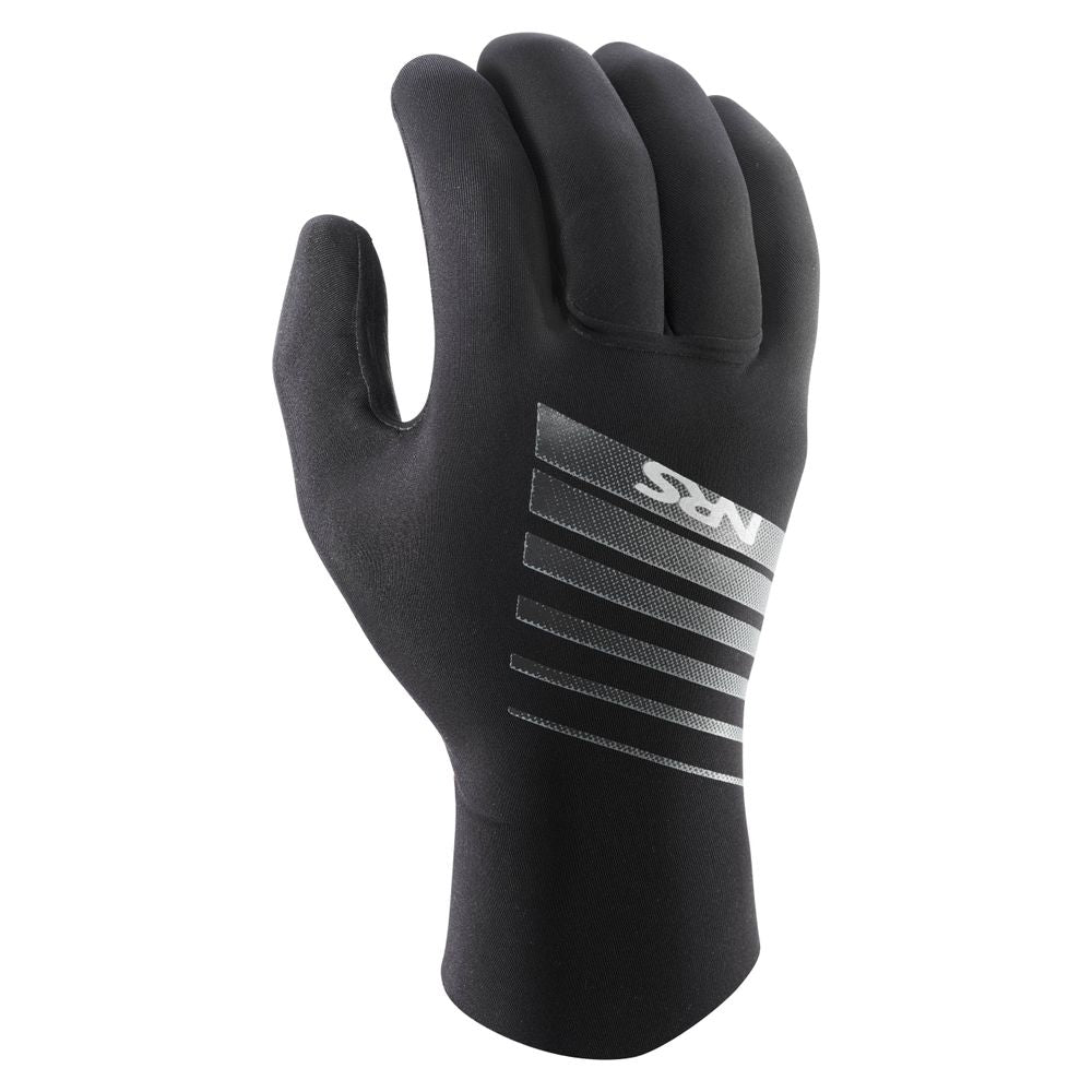 The NRS Catalyst 2mm Gloves are black neoprene gloves with a grey-striped design and "NRS" on the back, offering waterproof protection to keep your hands dry and comfortable in any conditions.