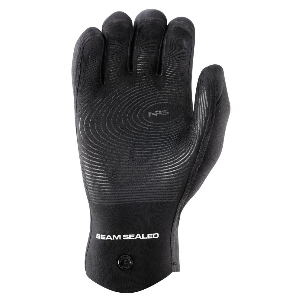 The Catalyst 2mm Gloves by NRS are black with a textured rubbery grip, featuring "NRS" and "SEAM SEALED" text. These waterproof gloves provide a superior hold, designed for moisture resistance while ensuring comfort and durability.