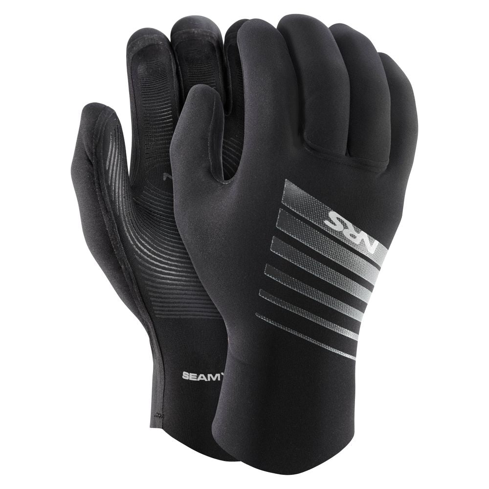 Introducing the NRS Catalyst 2mm Gloves: sleek black neoprene gloves with a textured grip and elegant silver stripes on the back. These waterproof gloves offer both style and functionality, perfect for any adventure.