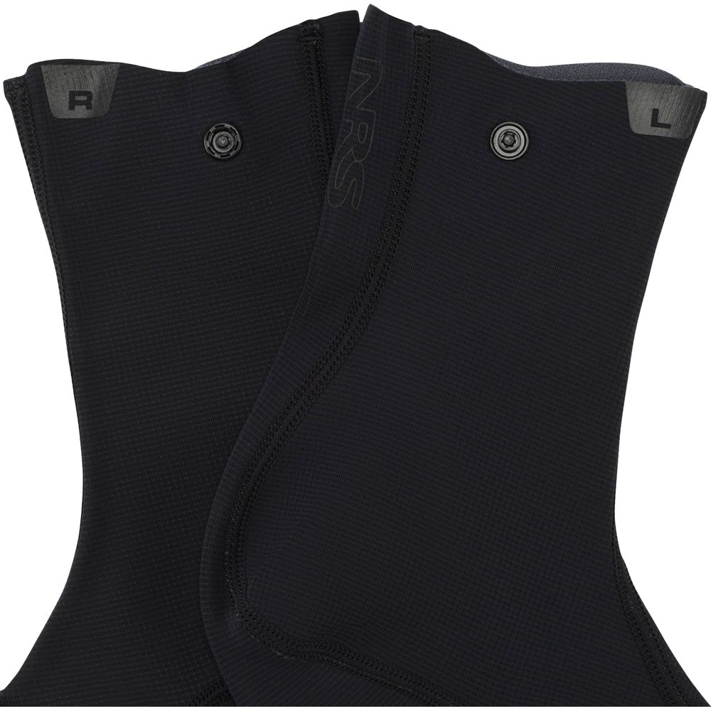 Close-up of NRS Hydroskin 0.5mm Socks in black neoprene, showing a textured surface, visible seams, and labeled "R" for right and "L" for left.