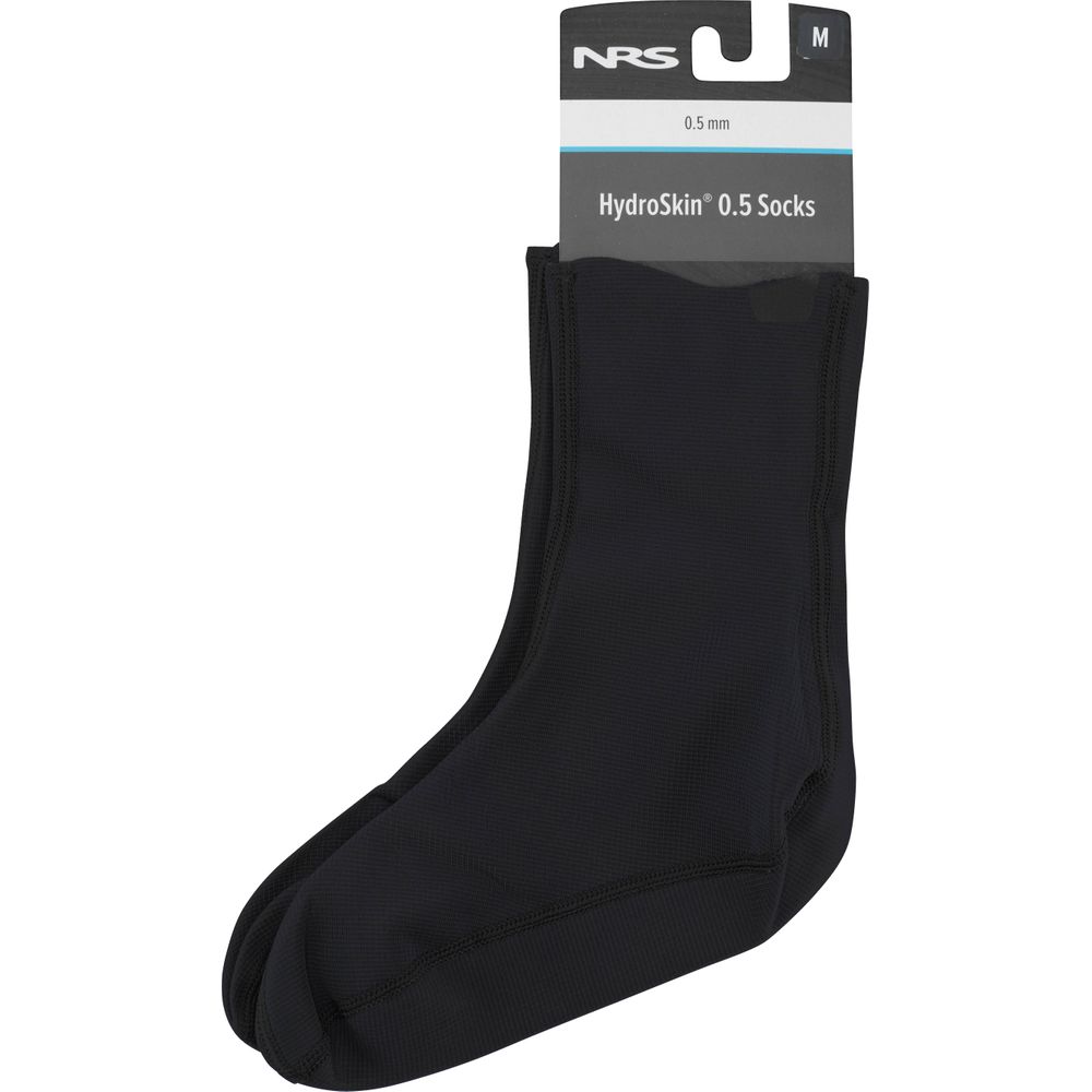 Pair of NRS Hydroskin 0.5mm Socks in black, size M, with a neoprene core and thermal lining for extra warmth, shown with packaging.