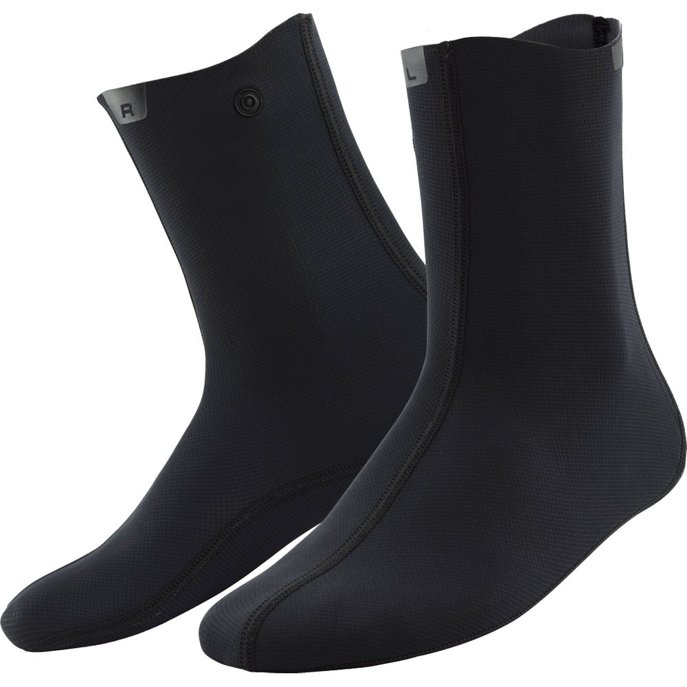 Hydroskin 0.5mm Socks by NRS are black neoprene boot covers with textured surfaces, labeled 'R' and 'L' for right and left. With a neoprene core, they enhance durability, comfort, and performance.