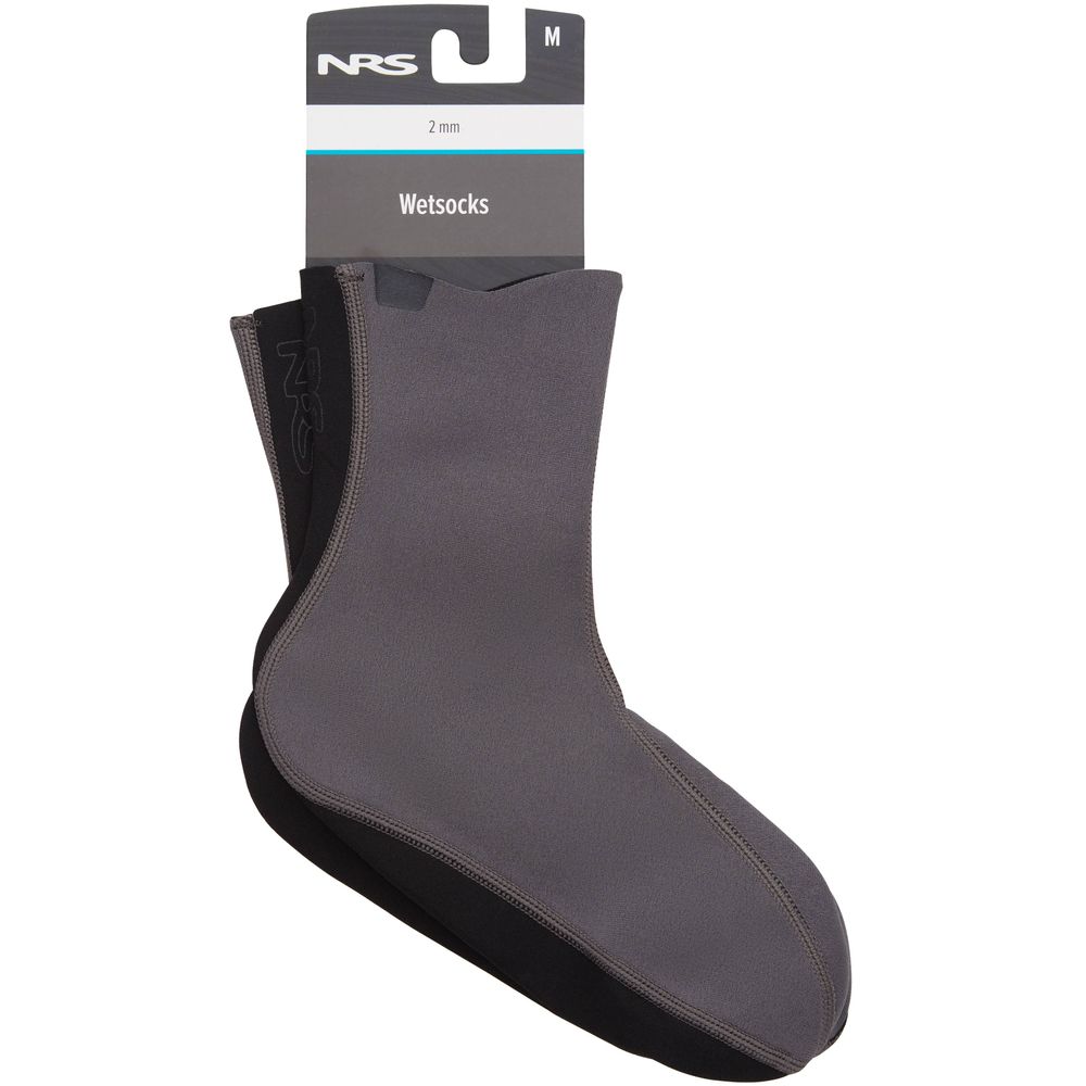Medium-sized NRS Neoprene WetSocks, featuring 2 mm gray neoprene with black soles, provide a superior fit and added warmth, as shown on the packaging.