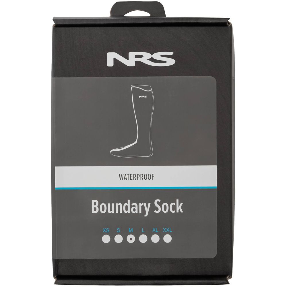 The NRS Boundary Sock features a three-panel design and neoprene HydroCuff for warmth and waterproofing, with sizes from XS to XXL.