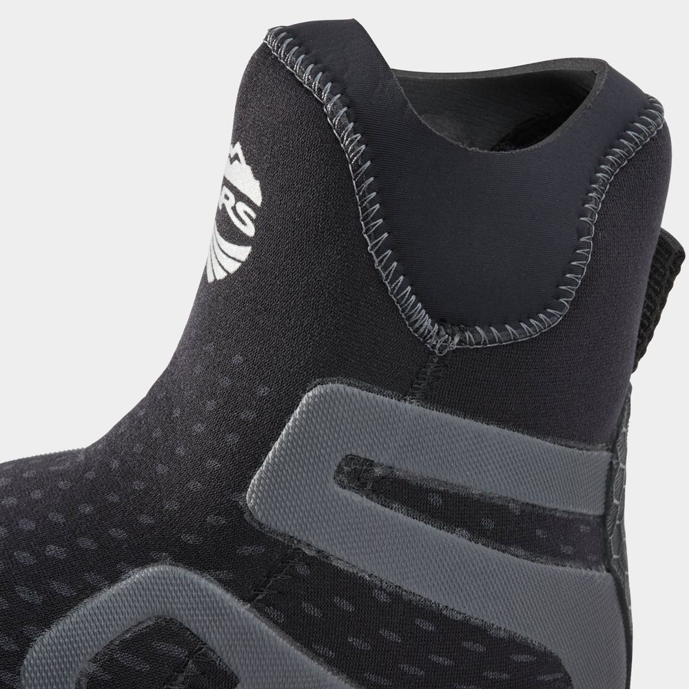 Close-up of an NRS Freestyle WetShoe, a black boot with gray accents, minimalist rubber sole, logo on the upper section, and stitched seam detailing.