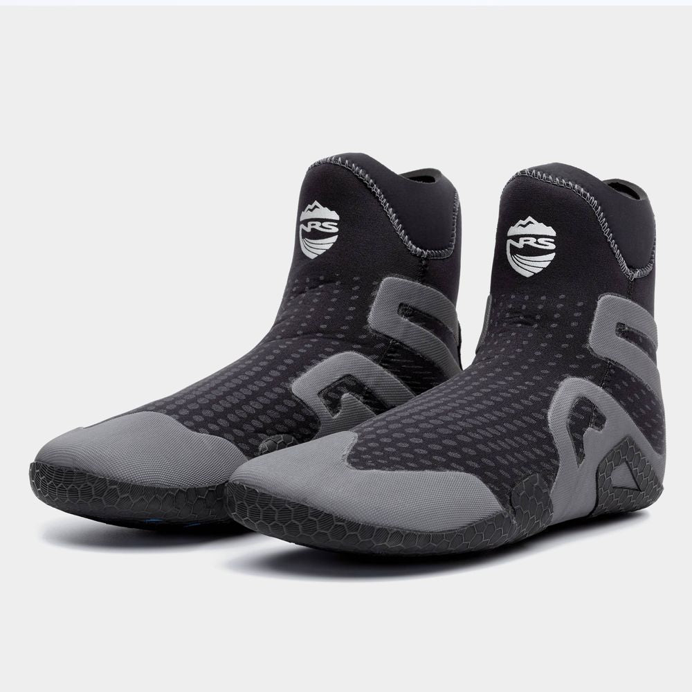 Explore aquatic adventures with NRS's Freestyle WetShoe, featuring a minimalist rubber sole and black and gray neoprene design. The durable yet comfortable shoes sport the logo on each ankle for a perfect sleek fit.