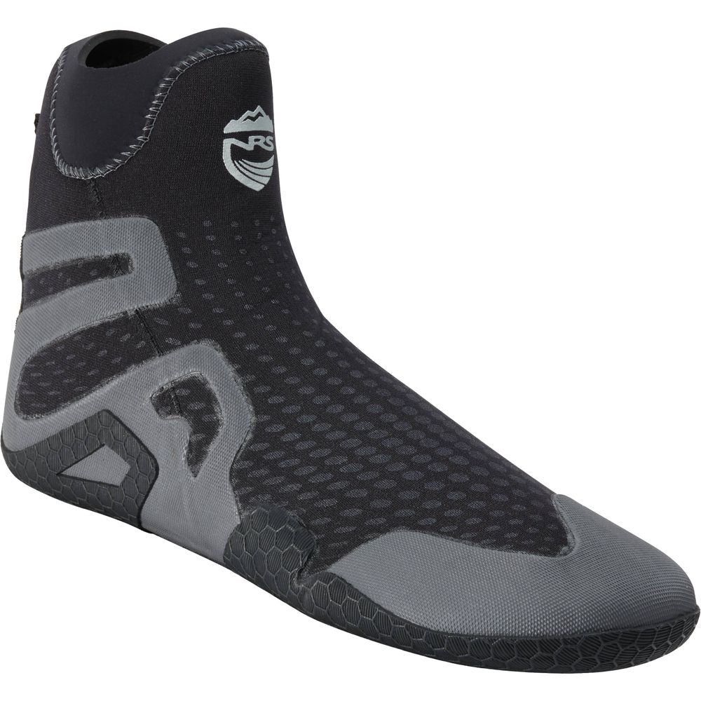 The NRS Freestyle WetShoe in black and gray has a minimalist rubber sole with a mountain logo on the side.