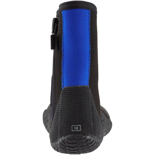 The NRS Comm-3 Youth WetShoe is a black neoprene diving boot with a blue panel and rear zipper in size 10, shown from the back. Designed for young divers, it features a high-traction rubber sole that provides stability and comfort.