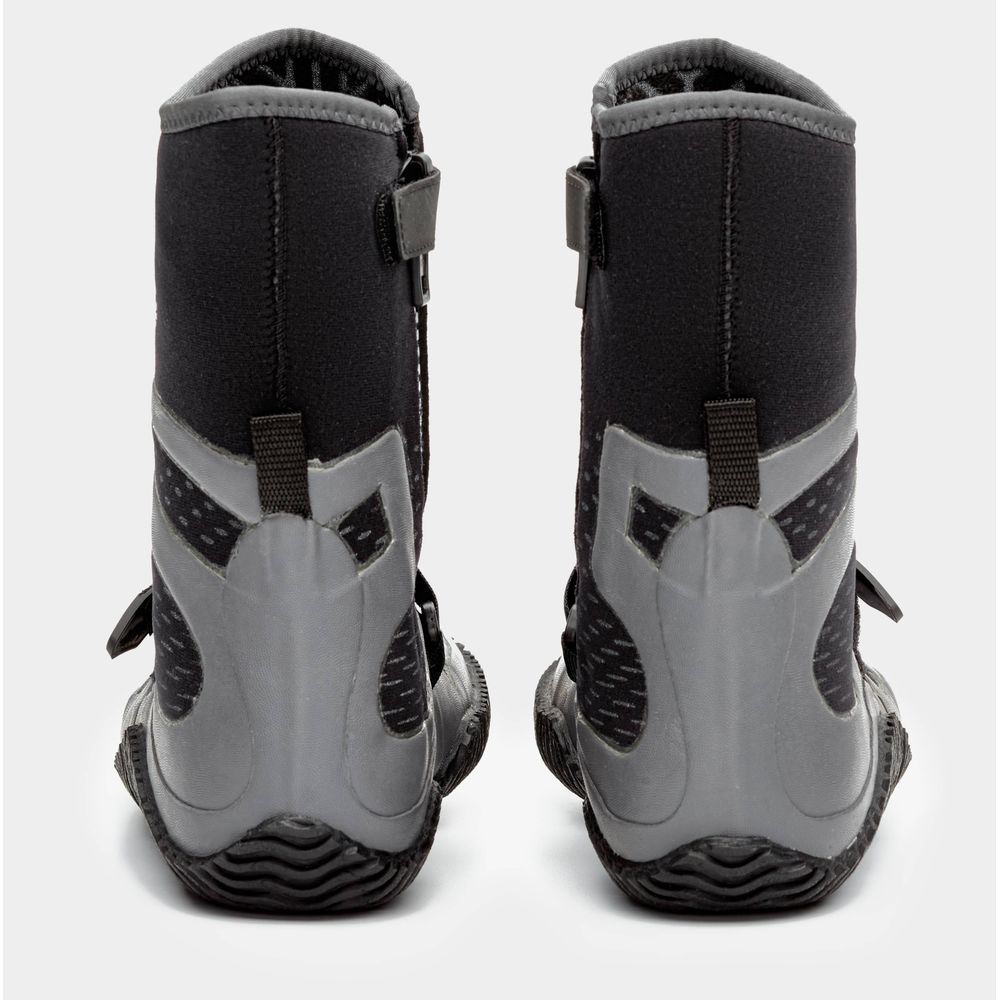 Back view of NRS Paddle WetShoes in black and gray, featuring reinforced heels and neoprene high-traction soles, upright on a light background.