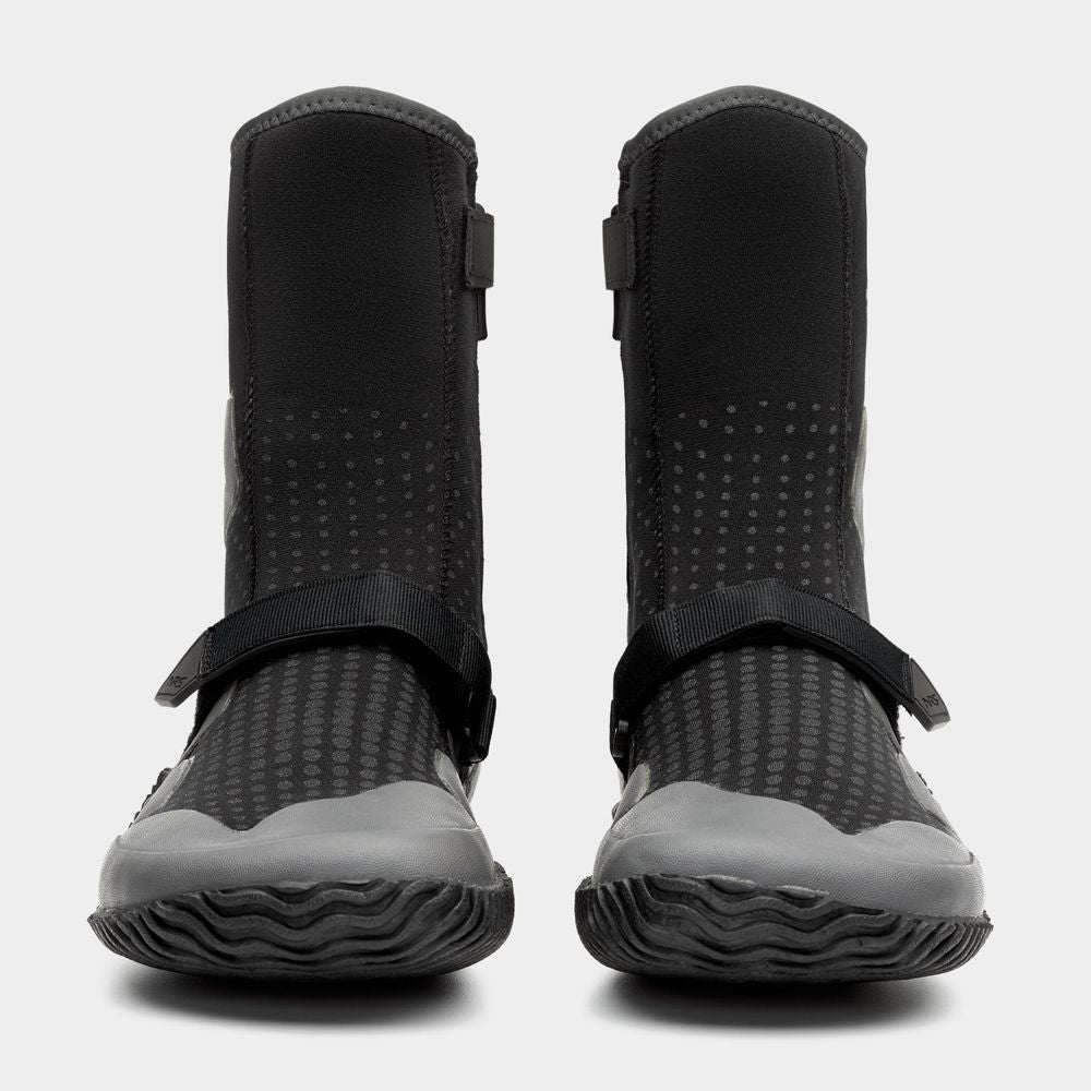 The NRS Paddle WetShoe is a pair of black neoprene diving boots with high-traction soles and Velcro straps, shown from the front.