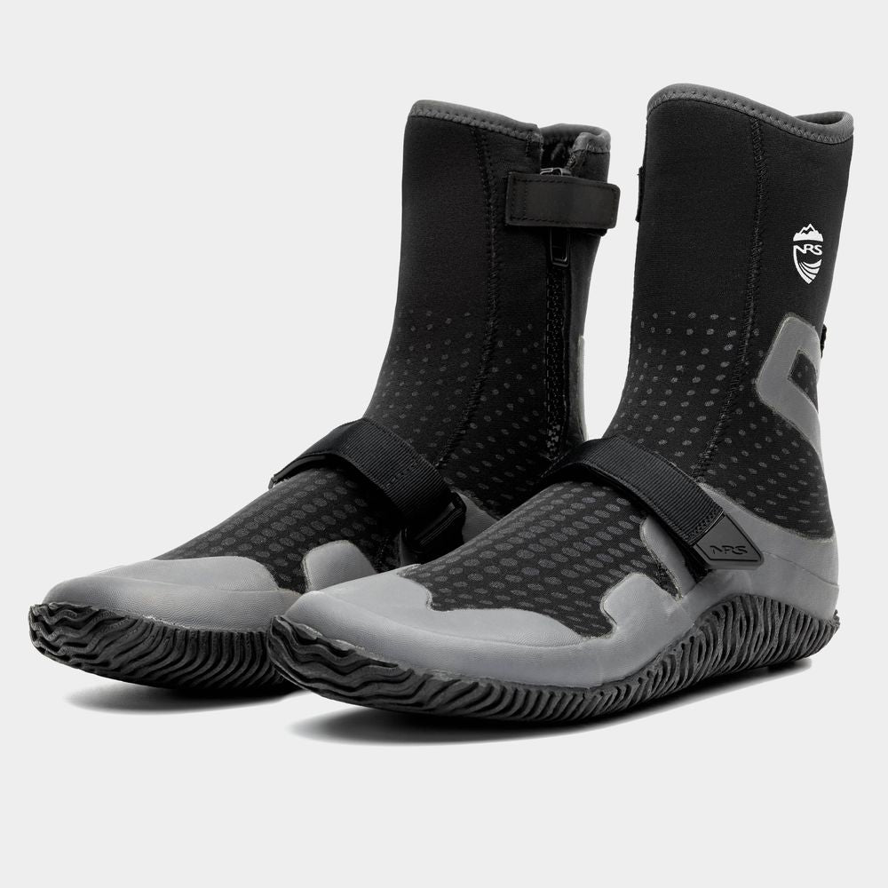 Introducing the NRS Paddle WetShoe: black and gray neoprene water shoes with a high-traction sole for superior grip, adjustable straps, and a convenient side zipper for easy wearing.